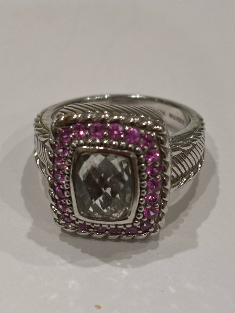 Judith Ripka sterling silver green amethyst pink sapphire ring. Size 8